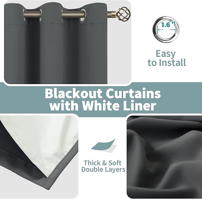 BGment Blackout Curtains for Bedroom 54 Inch Length, Thermal Insulated Soundproof Short Room Darkening Curtains for Small Window, Each Window Curtains 42 Inch Wide, Dark Grey, 2 Panels