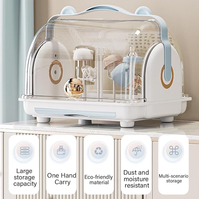 Nollapo Transparent Baby Bottle Drying Rack with Double Lid and Removable Drain Tray Dust-Proof Baby Bottle Storage Box, Space Saving Baby Bottle Rack Dryer (Blue - Large)