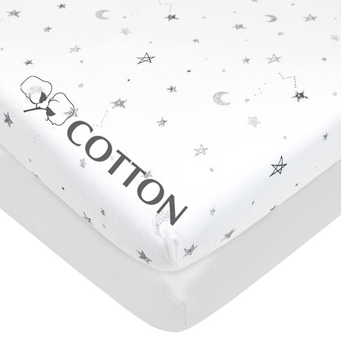 American Baby Company 2 Pack Printed 100% Natural Cotton Jersey Knit Fitted Portable/Mini-Crib Sheet, Gray Star and White, Soft Breathable, for Boys and Girls