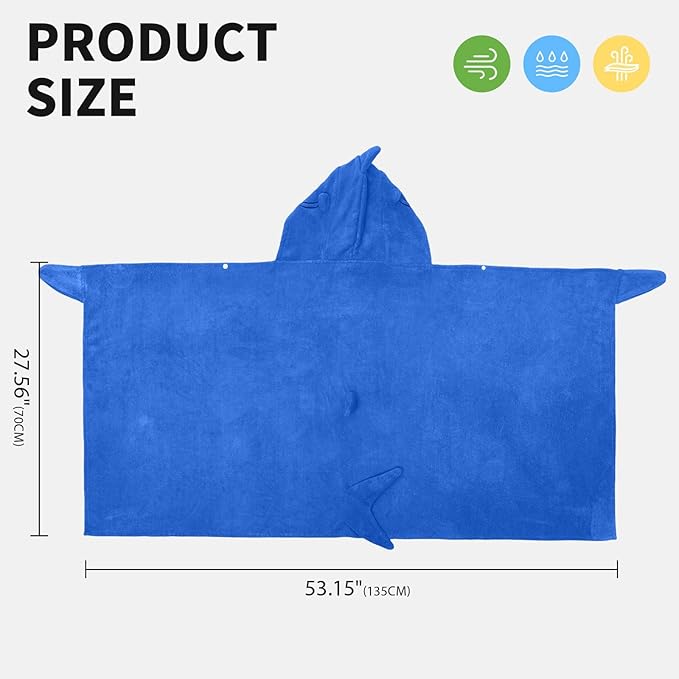 OLAOLA Shark Hooded Towel for Kids 3-12 Years, 28" x 53" Soft Thick Absorbent Beach Towels, Toddler Bath Towel Wrap, Swim Pool Towels Poncho for Boys Girls
