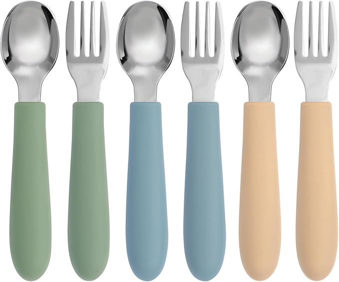 Eascrozn 6 Pack Toddler Utensils, Toddler Forks and Spoons Set, Kids Silverware with Silicone Handle, 18/8 Stainless Steel Children Safe Flatware, BPA Free, Dishwasher Safe