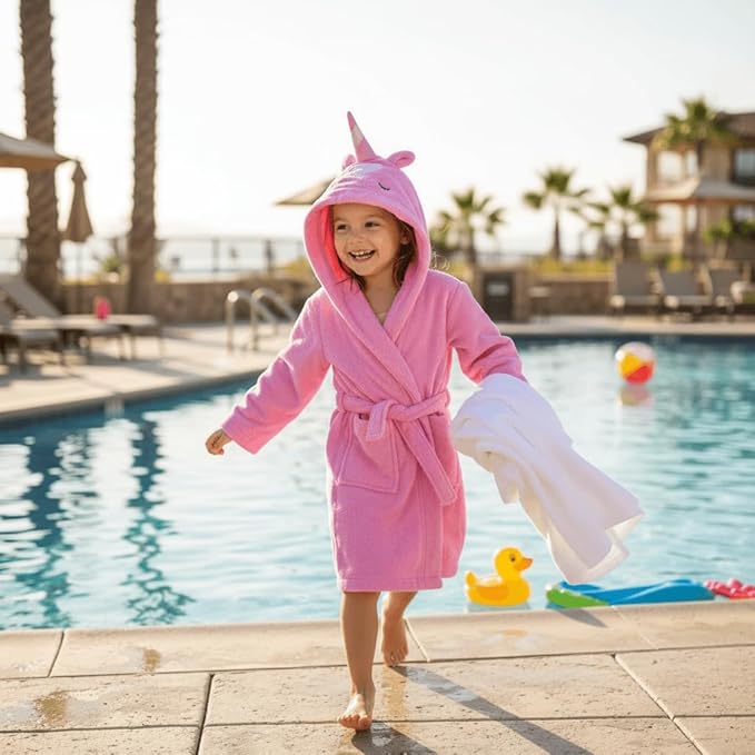 BAGNO MILANO Kids Organic Turkish Cotton Hooded Beach Cover-Up Towel, GOTS Certified, for Boys and Girls (Pink Unicorn, 5-6 Years)