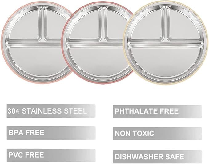 PandaEar 3 Pack Stainless Steel Baby Suction Plates, Divided Toddler Plate for Baby Led Weaning Supplies, Non-Slip Toddler Baby Feeding Set Dishwasher Safe (Pink/Linen/Light Pink)