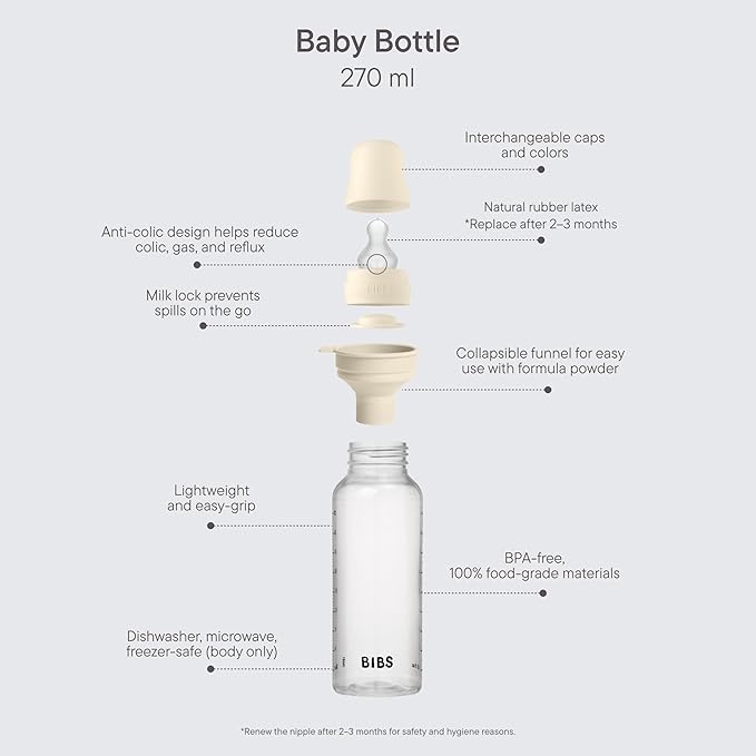 BIBS Baby Bottle 9 oz / 270 ml Silicone Nipple - Anti-Colic, BPA-Free, Round Nipple, Medium Flow, Lightweight & Easy to Clean, Suitable for Newborns 0+ Years - Sage