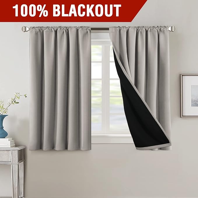 H.VERSAILTEX 100% Blackout Curtains for Bedroom with Black Liner Full Room Darkening Curtains 45 Inches Long Thermal Insulated Back Tab/Rod Pocket Window Drapes for Living Room, 2 Panels, Warm Taupe
