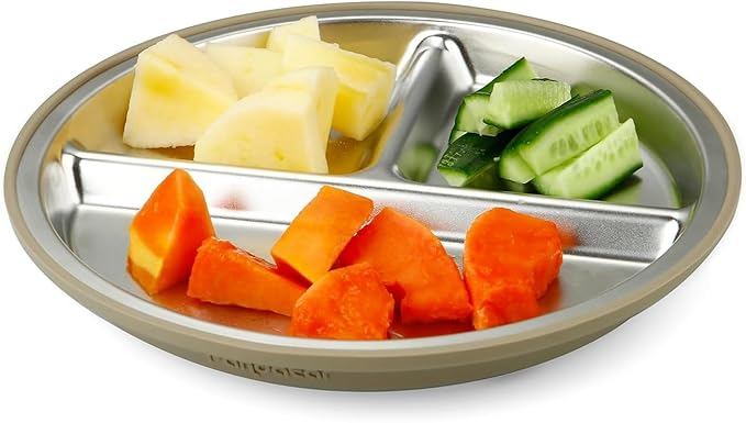 PandaEar 3 Pack Stainless Steel Baby Suction Plates, Divided Toddler Plate for Baby Led Weaning Supplies, Non-Slip Toddler Baby Feeding Set Dishwasher Safe (Linen Brown Tan)