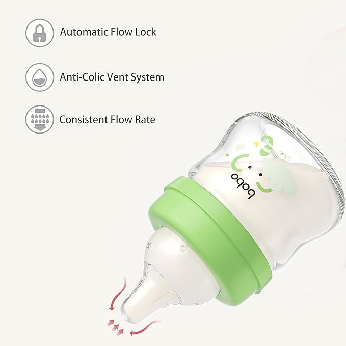 YOHKOH Glass Baby Bottles with Slow Flow Nipple, Newborn Anti-Colic Baby Bottles for 0+ Months, Wide Neck Feeding Bottle, Clear (Green, 2.7oz (Pack of 4))