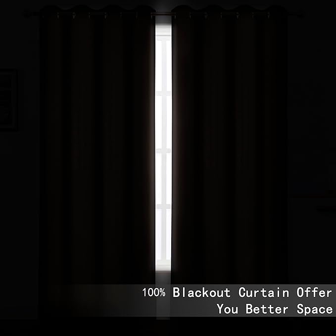 LEMOMO 100% Blackout Curtains 66 x 84 Inch Black Curtains 2 Panels Darkening Thermal Insulated Bedroom Curtains