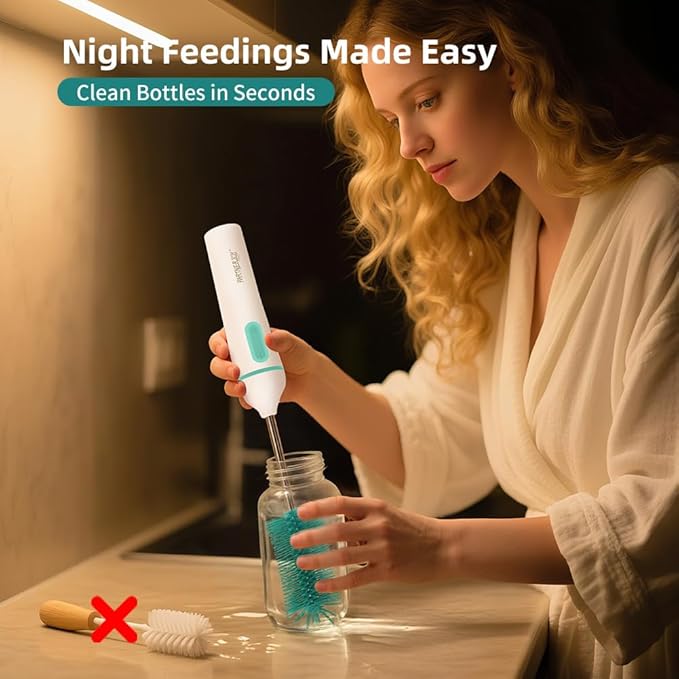 PARTNERJOY 6-in-1 Electric Baby Bottle Cleaner Kit - Rechargeable 360° Rotation Brush with 2-Speed Modes, Silicone/Nipple/Straw Brushes, Formula Mixer & Drying Rack for Home/Travel