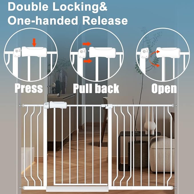 White Extra Wide Baby Gate 53-57.5 inch for Doorways Stairs Pressure Mount Baby Gate Automatic Close Child Dog Pet Safety Toddler Gates with Extensions