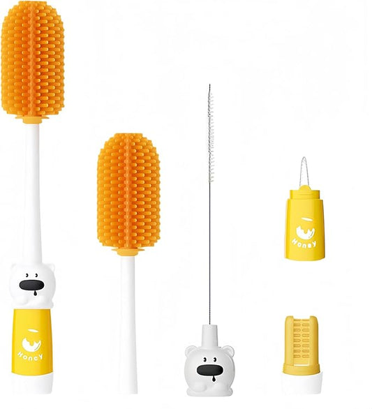Pevxuoleo 4-in-1 Silicone Water Bottle Cleaning Brush Kit, Long Handle Straw Brush for Reusable Bottles, Mugs, Travel Cups, Wine Glasses,Multi-Purpose Cleaning Tools Set(Orange)