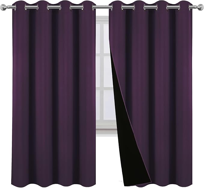 LEMOMO 100% Blackout Curtains 52 x 63 Inch Purple Curtains 2 Panels Darkening Thermal Insulated Bedroom Curtains