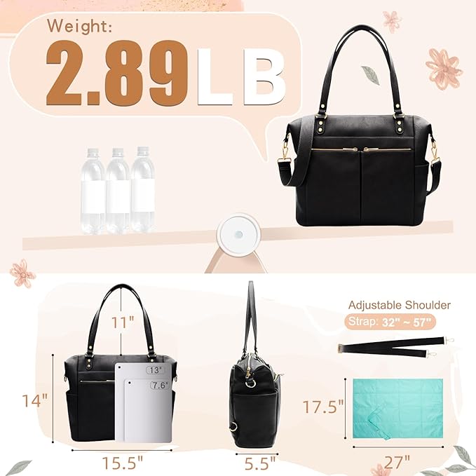 MOMINSIDE Diaper Bag Tote, Leather Diaper Bag Backpack with 14 Pockets, Convertible Baby Bag for Boys Girls, Baby Registry, Changing Pad, Large 4 Insulated Pockets(Black)