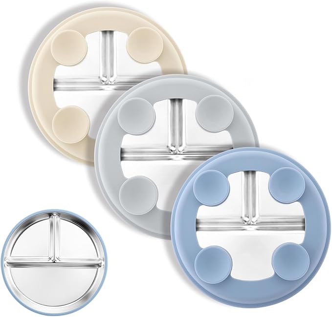 Bakpoco Stainless Steel Suction Plates for Toddlers, 8" Divided Kids Baby Plates with Removable Silicone Suction, Non Toxic Non Slip Portion Control Snack Dishes 3 Packs, Blue Gray Beige