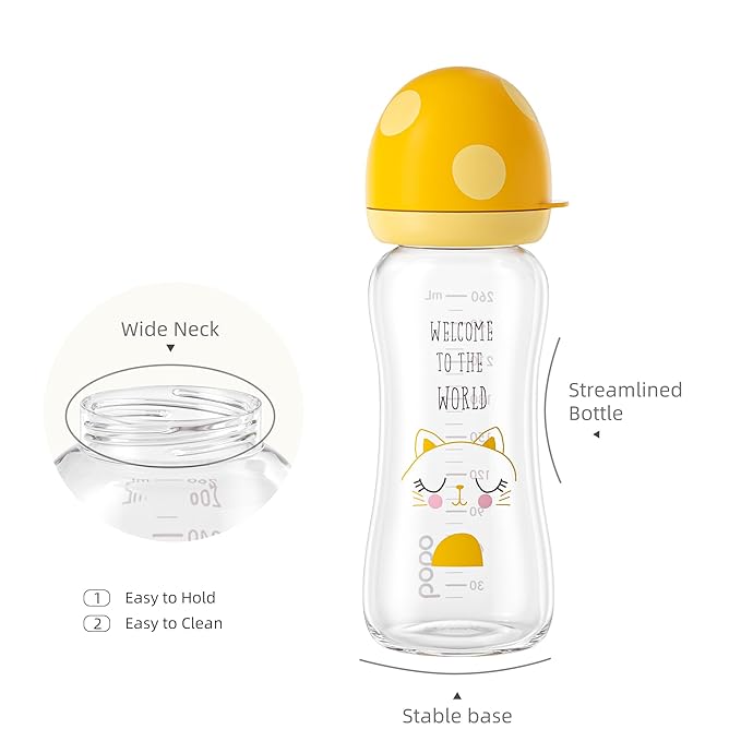 YOHKOH Natural Glass Baby Bottle with Level 2 Medium Flow Nipple, Newborn Anti-Colic Baby Bottles, Wide Neck Mushroom Baby Glass Bottle (8.8ounce (Pack of 4), Yellow1)