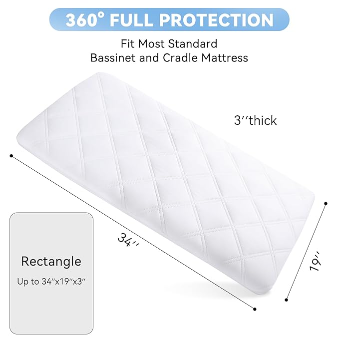 Yoofoss Waterproof Bassinet Mattress Pad Cover 2 Pack Fit for Rectangle Bassinet Mattress, Baby Bassinet Mattress Protector for Boys and Girls 34X19in