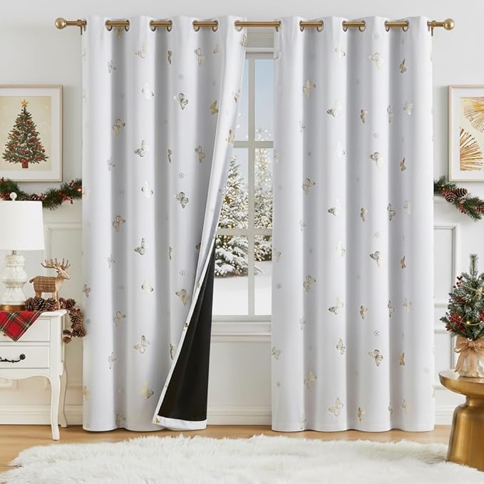 Jubilantex Metallic Butterfly Blackout Curtains 95" Long for Kids Bedroom White Gold Print Floral Butterfly Curtains with Black Layer,Grommet Top