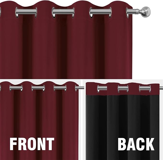 LEMOMO 100% Blackout Curtains 52 x 63 Inch Burgundy Red Curtains 2 Panels Darkening Thermal Insulated Bedroom Curtains