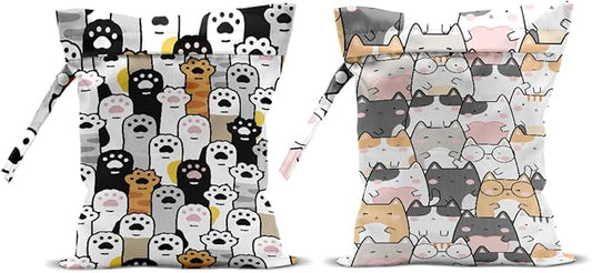 Hanamiya Na 2Pcs Cat Floral Print Wet Bags, Cat Lover Gifts Wet Dry Bag Reusable Zipper Pouch for Swimsuit, Diapers, Beach, Dirty Yoga Gym Clothes, Toiletries, Waterproof Birthday Christmas Gifts-1