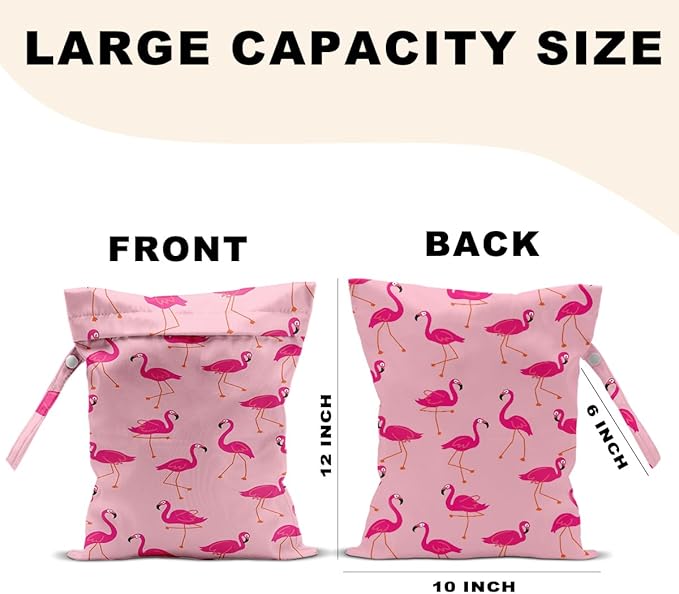 2Pcs Pink Flamingo Wet Bags 12x10 Inch, Green Leaves Waterproof Travel Laundry Bags, Reusable Wet Dry Bag for Swimsuit Pool Beach Diapers Dirty Yoga Gym Clothes, Flamingo Gifts for Women
