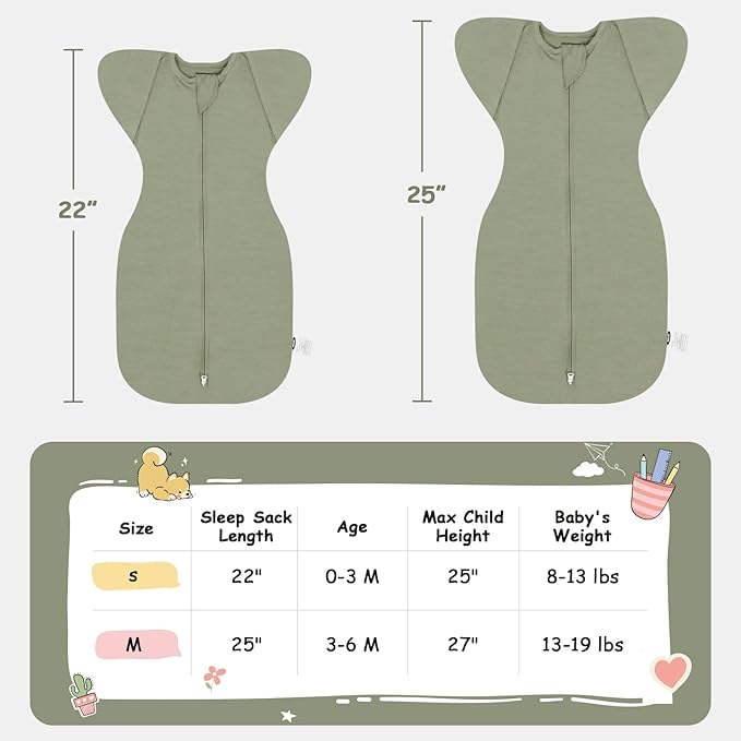 MEXXI Swaddle Baby Sleep Sack With Arms Up, 2 Pack Baby Transitional Swaddle with Double Zipper,0.5 TOG, 8-13 lbs, S