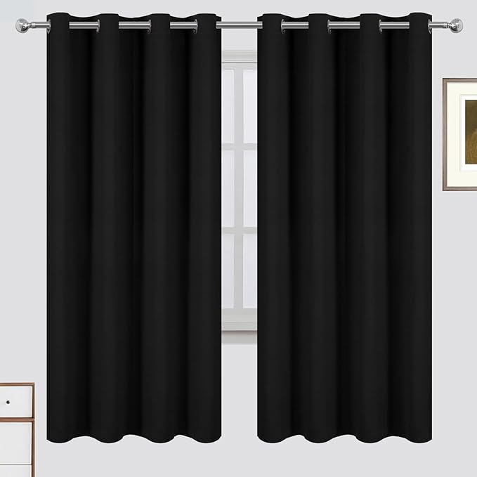 LEMOMO 100% Blackout Curtains 52 x 72 Inch Black Curtains 2 Panels Darkening Thermal Insulated Bedroom Curtains