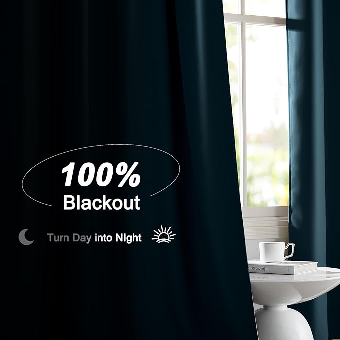 NICETOWN Smoky Blue 100% Blackout Curtains 2 Panels, 52W x 84L Inches, Double Layer Rod Pocket Back Tab Thermal Insulated Energy Efficient Drapes for Bedroom, Total Light Blocking Window Treament