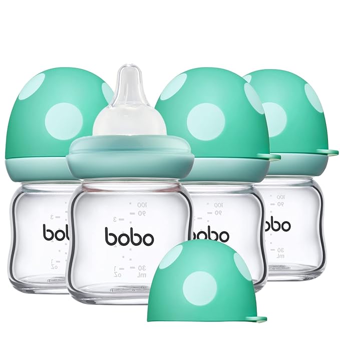 YOHKOH Natural Glass Baby Bottle with Level 1 Slow Flow Nipple, Newborn Anti-Colic Baby Bottles, Wide Neck Mushroom Baby Glass Bottle (3.4oz (Pack of 4), Blue)