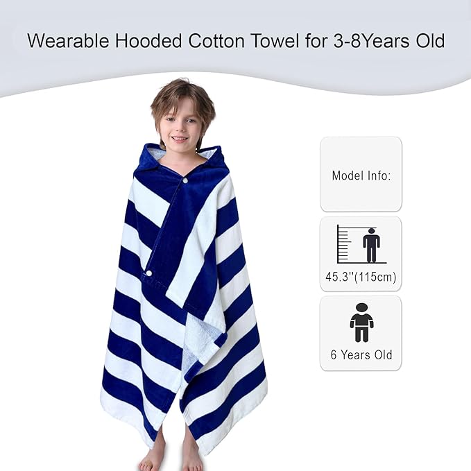 VOOVA & MOVAS Kids Beach Towel Wrap with Hood (3-8 Years, 30''x50'') - 100% Cotton Soft Absorbent Towel for Boys, Pool, Bath, Swimming & Beach - Blue Cabana Stripe Design