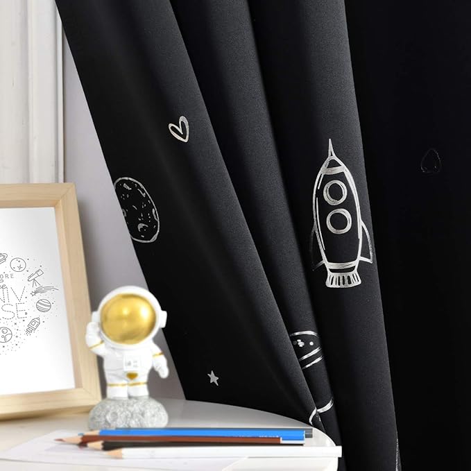 Vangao Blackout Curtains for Bedroom Kids Curtains 84 Inches Length for Boys Bedroom Space Theme Nursery Girls Room Silver Foil Print Spaceship Drapes Grommet Top Light Blocking Set 2 Panels