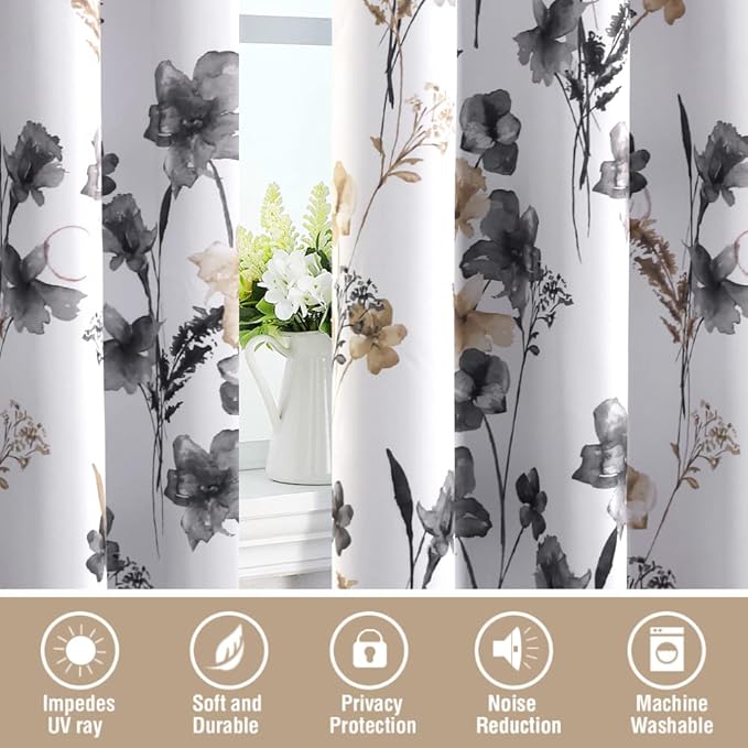 H.VERSAILTEX 100% Blackout Curtains 63 inch Length 2 Panels Set Cattleya Floral Printed Drapes Leah Floral Thermal Curtains for Bedroom with Black Liner Sound Proof Curtains, Grey and Taupe