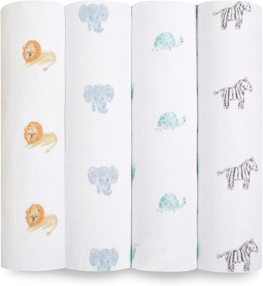 aden + anais Boutique Organic Swaddle Blanket 4-Pack – 100% Organic Cotton Muslin, Large, Soft, Breathable Receiving Blankets for Infants – Lightweight Multi-Use Baby Swaddles, Animal Kingdom