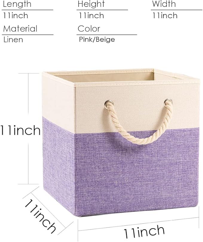 PRANDOM Large Foldable Cube Storage Bins 11x11 inch [2-Pack] Fabric Linen Storage Baskets Cubes Drawer with Cotton Handles Organizer for Shelves Nursery Closet Bedroom Purple