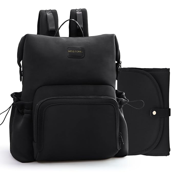 miss fong Diaper Bag Backpack - Baby Diaper Bag Neoprene Bag Large Capacity Neoprene Backpack with Diaper Changing Pad Pañaleras Para Bebe Baby Backpack with 12 Pockets for Mom & Dad -Black
