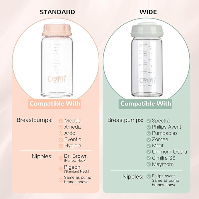 COMI Natural Glass Baby Bottle,Breastmilk Storage Bottle for Fridge,Wide Neck Breast Milk Container with Dome Cap,Fits Breast Pumps & Nipples,BPA Free,2PCS (6oz,2 Gray Lids)