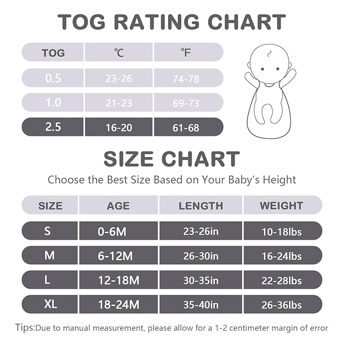 Mosebears Sleep Sack Baby Winter Wearable Blanket with 2-Way Zipper,2.5 TOG Cotton Sleep Sack Unisex (Light Grey, 6-12 Months)