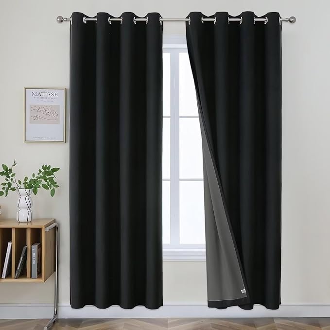 Joydeco Black Blackout Curtains 90 Inch Long 2 Panels Set, Faux Textured Linen Thermal Insulated Burlap Curtain & Drapes, Grommet Room Darkening Drapes for Bedroom Living Room