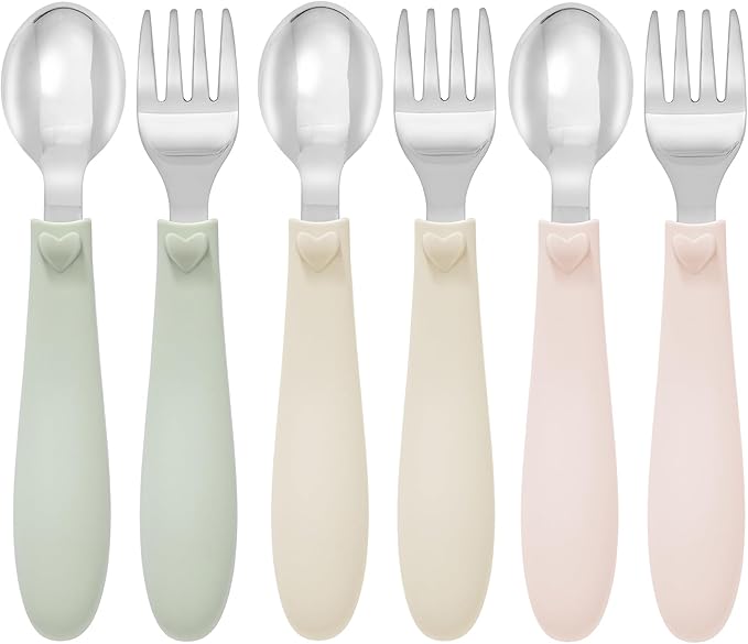 Ali+Oli Toddler Utensils Set (6 Pack) – Stainless Steel Kids Silverware with Soft Silicone Handles, BPA Free Baby Forks and Spoons, Durable Children Flatware Dishwasher Safe for Self Feeding (Hearts)