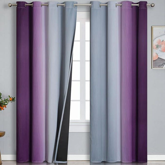 Ombre Purple and Gray Curtains 96 Inches Long, Total Blackout Curtains for Bedroom, Grommet Thermal Insulated Gradient Blackout Drapes, Full Light Blocking Curtains for Kids Room, 52x96 Inch, 2 Panels