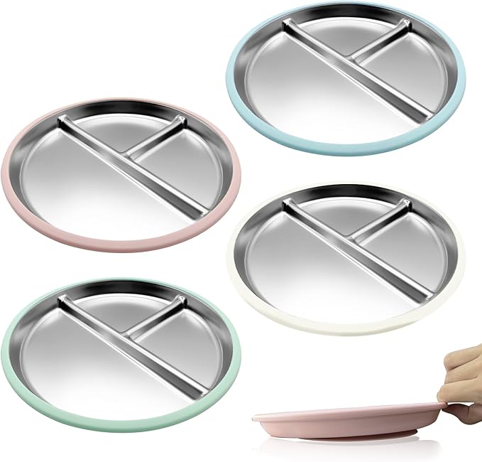 AestuWarm 4 Pack Stainless Steel Baby Suction Plates, 9 Inch Multicolor Divided Toddler Plates with Extra-Large One-Piece Silicone Suction Base | Baby, Toddler, Kids| Dinner & Snack Plates