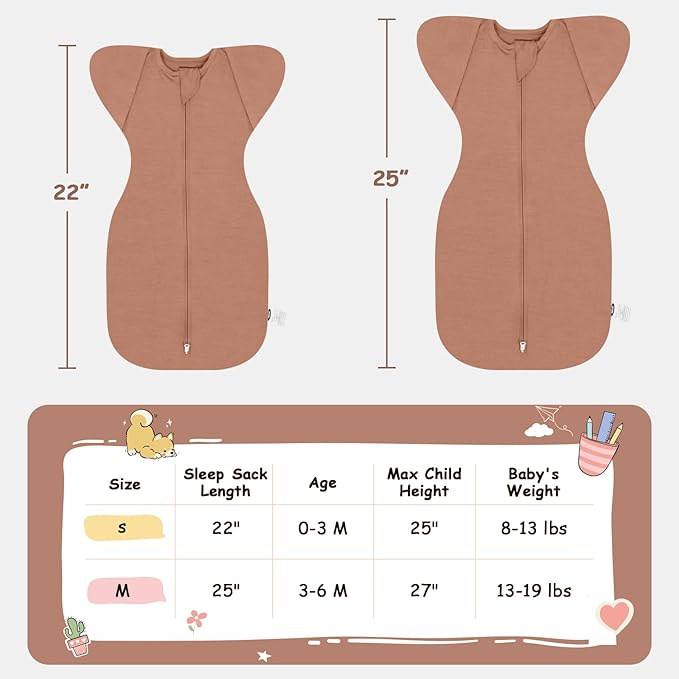 MEXXI Swaddle Baby Sleep Sack With Arms Up, 2 Pack Baby Transitional Swaddle with Double Zipper,0.5 TOG, 8-13 lbs, S