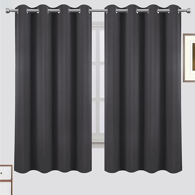 LEMOMO 100% Blackout Curtains 52 x 63 Inch Dark Grey Curtains 2 Panels Darkening Thermal Insulated Bedroom Curtains