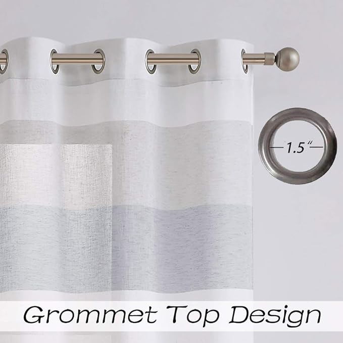 Central Park Gray and Smoke Blue Stripe Sheer Color Block Window Curtain Panel Linen Texture Window Treatment for Bedroom Living Room Farmhouse 102 Inches Long with Grommets, 40"x102"x2