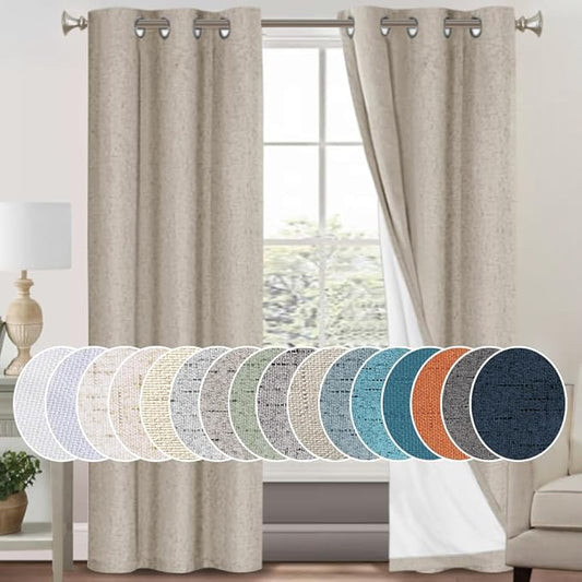 PrinceDeco 100% Blackout Curtains for Bedroom 84 Inches Long Linen Blackout Thermal Drapes Privacy Protection Room Darkening Window Curtain with White Liner, 2 Panels Set, W42 X L84,Stone