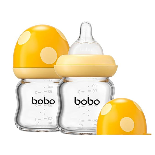 YOHKOH Natural Glass Baby Bottle with Level 1 Slow Flow Nipple, Newborn Anti-Colic Baby Bottles, Wide Neck Mushroom Baby Glass Bottle (Yellow, 3.4oz (Pack of 2))