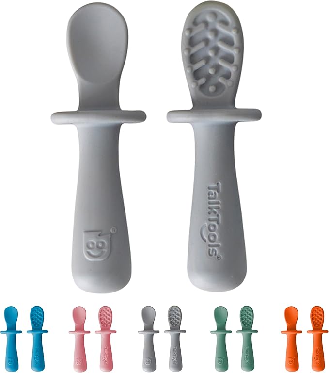 TalkTools ITSY Tiny Silicone Spoons – Twin Pack Soft Silicone Self-Feeding Training Spoons for Kids & Toddlers, Anti-Choking Flange Guard and Non-Slip Handle (Cloud)