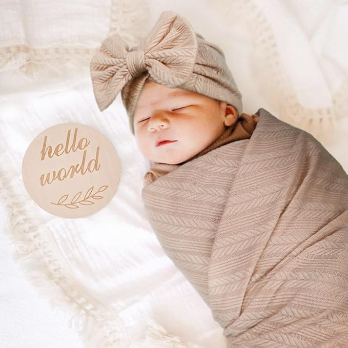 DRESHOW BQUBO Baby Swaddle Blankets for Girls, 4PCS Newborn Accessories Set with Matching Hat and Bow Headband with Hello World Wooden Birth Announcement Card