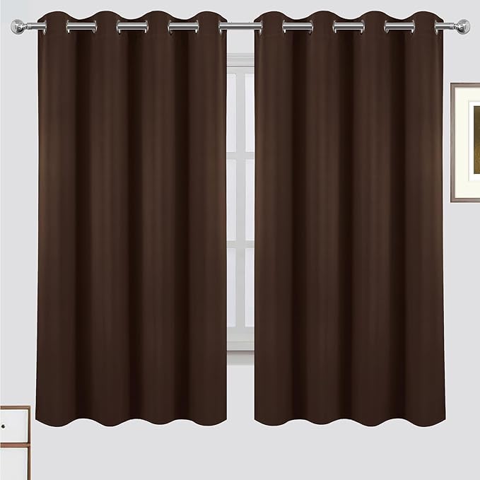 LEMOMO 100% Blackout Curtains 52 x 63 Inch Chocolate Brown Curtains 2 Panels Darkening Thermal Insulated Bedroom Curtains