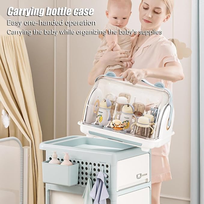 Nollapo Transparent Baby Bottle Drying Rack with Double Lid and Removable Drain Tray Dust-Proof Baby Bottle Storage Box, Space Saving Baby Bottle Rack Dryer (Blue - Large)
