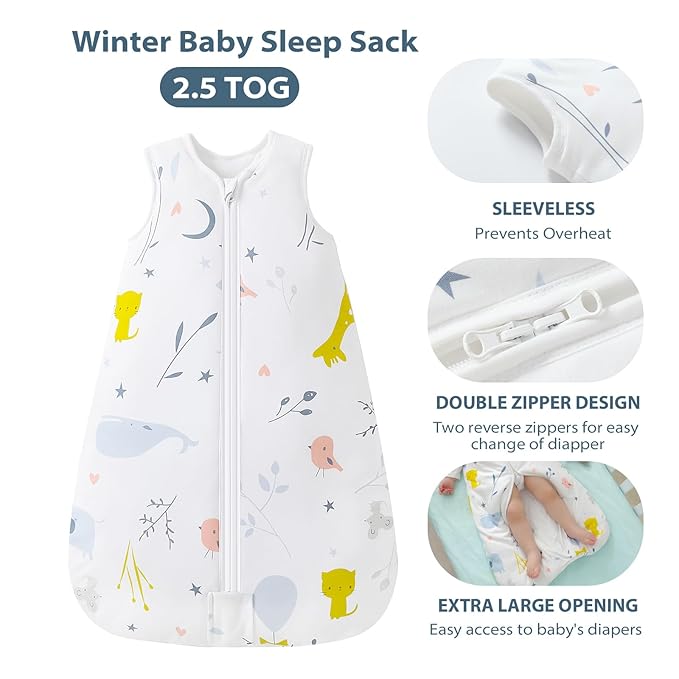 Mosebears Sleep Sack Baby Winter Wearable Blanket with 2-Way Zipper,2.5 TOG Cotton Sleep Sack Unisex (2 Pack, 6-12 Months)